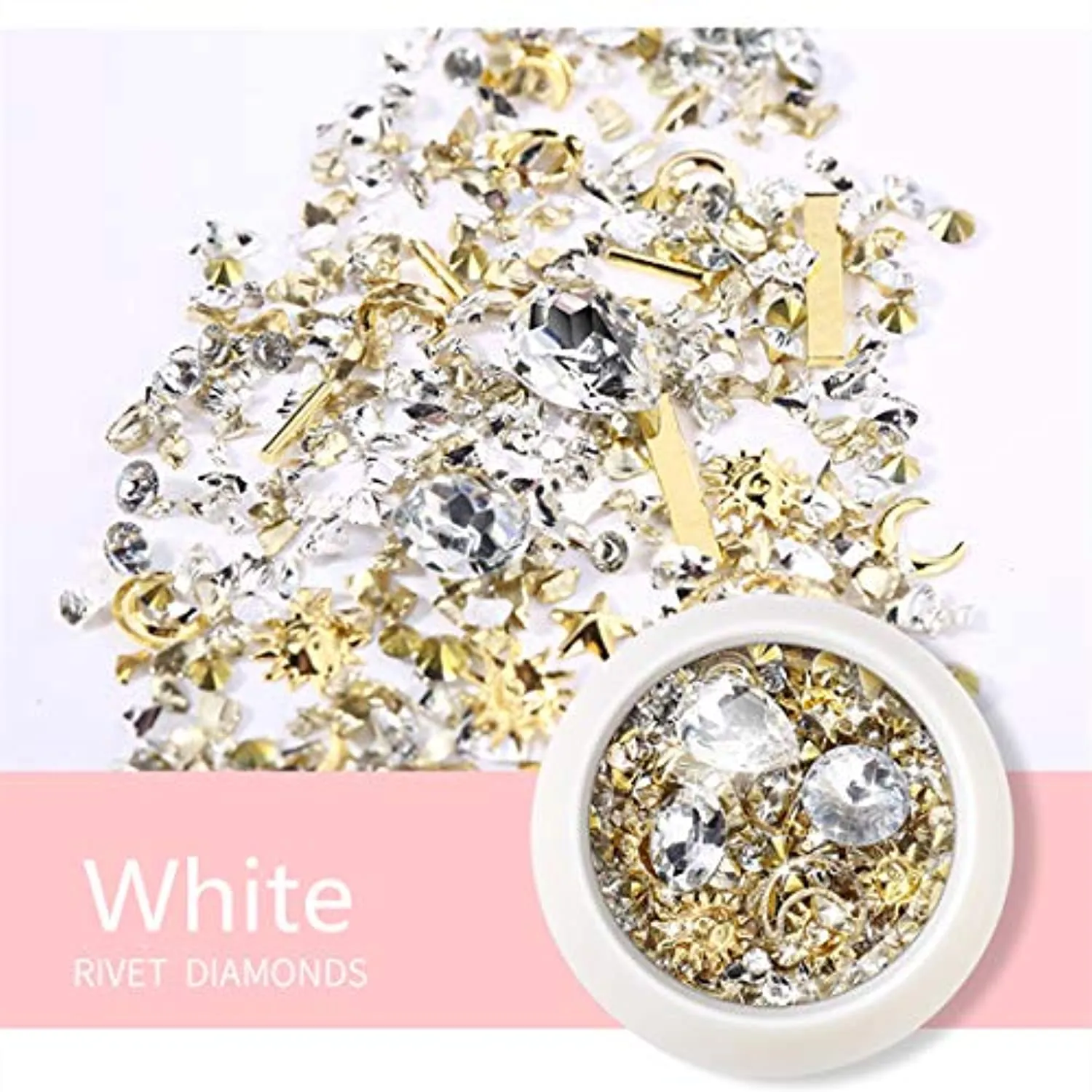 editTime 6 Wheels Mixed Sparkle Nail Art Rhinestones Diamonds Crystals Beads Artificial Pearls and Gold Silver Nail Studs Gems Metal Rivets Charms Hollow Moon Star Shaped (Micro mini stones kit)