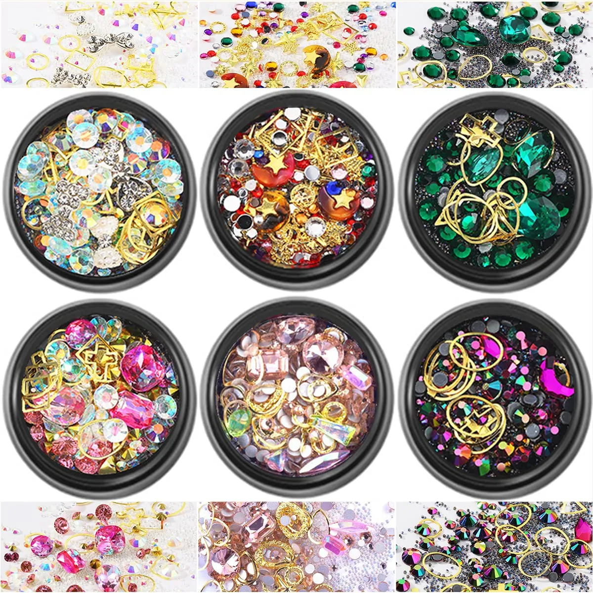 editTime 6 Wheels Mixed Sparkle Nail Art Rhinestones Diamonds Crystals Beads Artificial Pearls and Gold Silver Nail Studs Gems Metal Rivets Charms Hollow Moon Star Shaped (Micro mini stones kit)