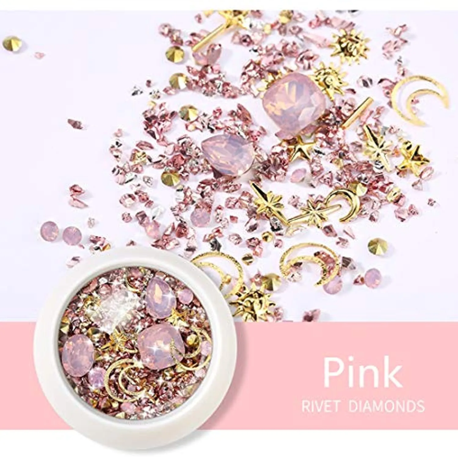 editTime 6 Wheels Mixed Sparkle Nail Art Rhinestones Diamonds Crystals Beads Artificial Pearls and Gold Silver Nail Studs Gems Metal Rivets Charms Hollow Moon Star Shaped (Micro mini stones kit)