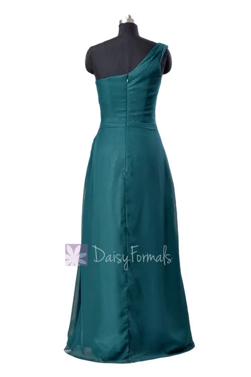 Elegant Floor Length Chiffon Bridesmaid Dress One Shoulder Teal Formal Dress(BM7872)