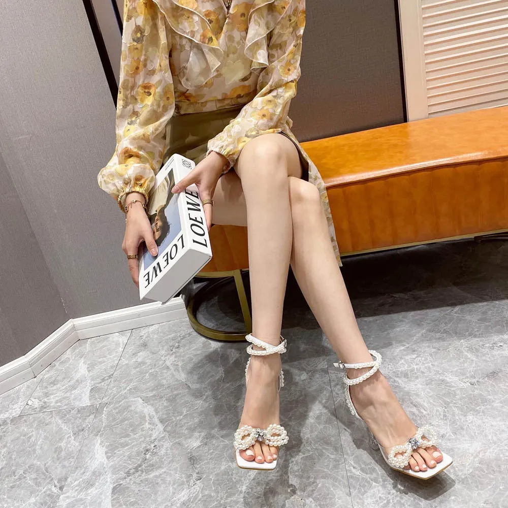 Elegant Square Toe Pearl Bow Heels