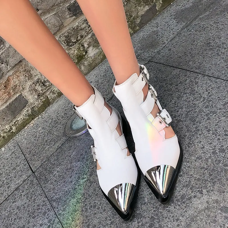 Fashion Buckle Genuine Leather Rivets Motorcycle Ankle Boots Woman Brand Shoes Female Spring Summer Boots Sandals Shoes Women