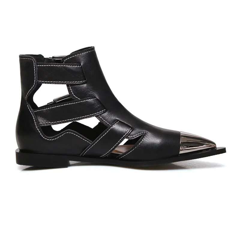 Fashion Buckle Genuine Leather Rivets Motorcycle Ankle Boots Woman Brand Shoes Female Spring Summer Boots Sandals Shoes Women