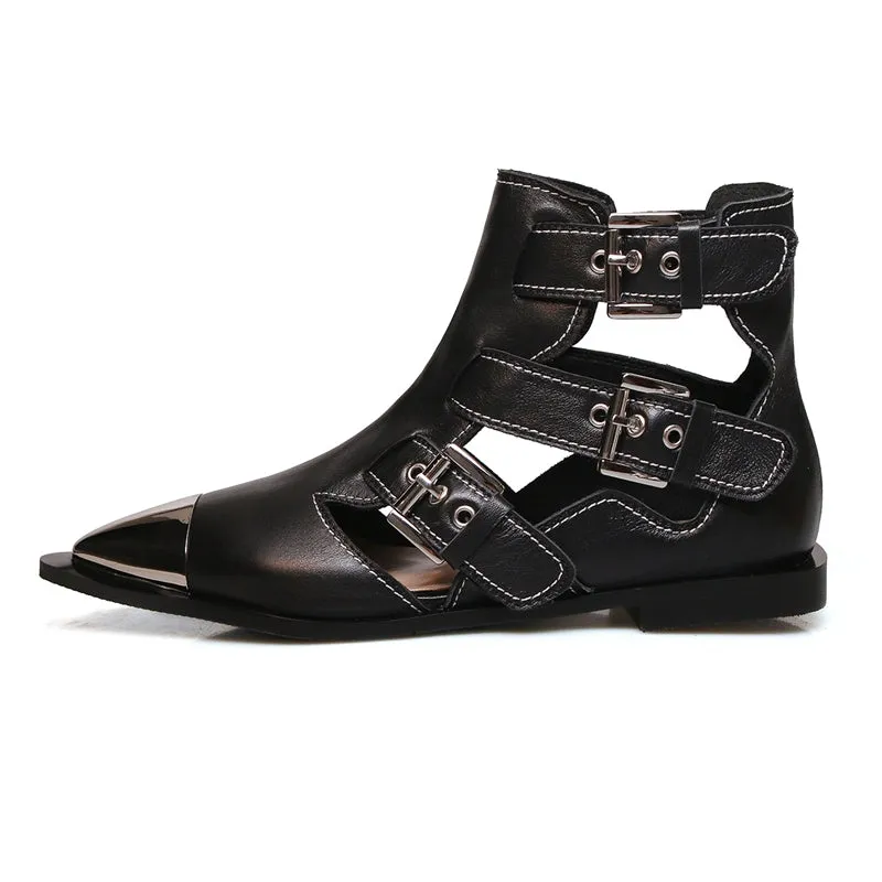 Fashion Buckle Genuine Leather Rivets Motorcycle Ankle Boots Woman Brand Shoes Female Spring Summer Boots Sandals Shoes Women