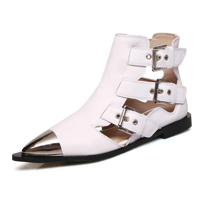 Fashion Buckle Genuine Leather Rivets Motorcycle Ankle Boots Woman Brand Shoes Female Spring Summer Boots Sandals Shoes Women