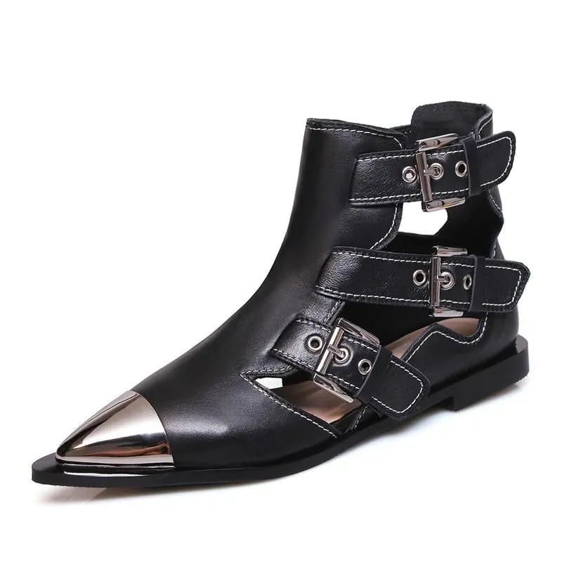 Fashion Buckle Genuine Leather Rivets Motorcycle Ankle Boots Woman Brand Shoes Female Spring Summer Boots Sandals Shoes Women