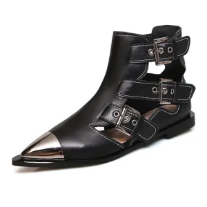 Fashion Buckle Genuine Leather Rivets Motorcycle Ankle Boots Woman Brand Shoes Female Spring Summer Boots Sandals Shoes Women