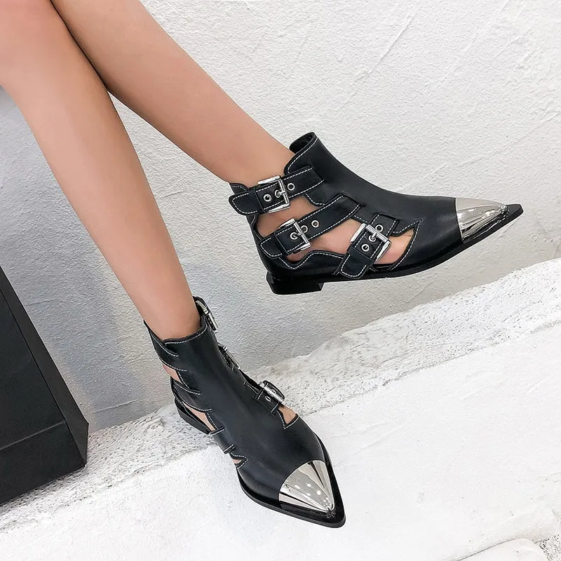 Fashion Buckle Genuine Leather Rivets Motorcycle Ankle Boots Woman Brand Shoes Female Spring Summer Boots Sandals Shoes Women