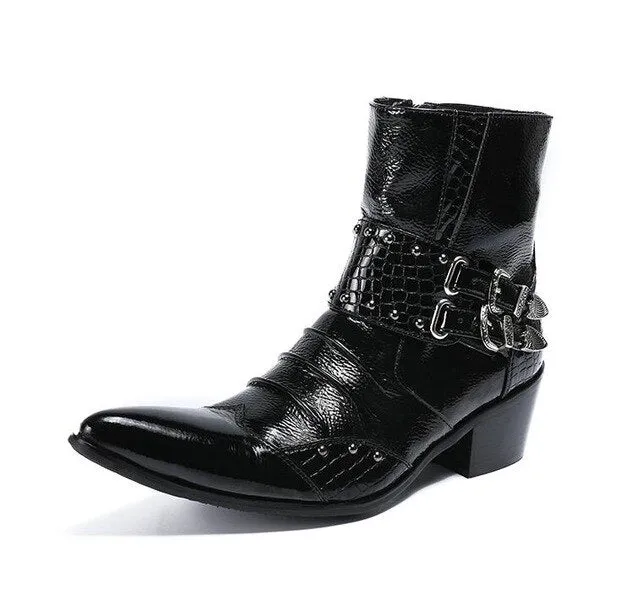 Fashion Genuine Leather Rivets Men Ankle Boots Formal Dress Shoes Pointed Toe Metal Toes Chelsea Boots Cowboy Boots