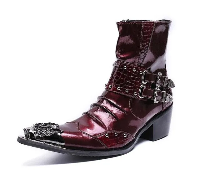 Fashion Genuine Leather Rivets Men Ankle Boots Formal Dress Shoes Pointed Toe Metal Toes Chelsea Boots Cowboy Boots