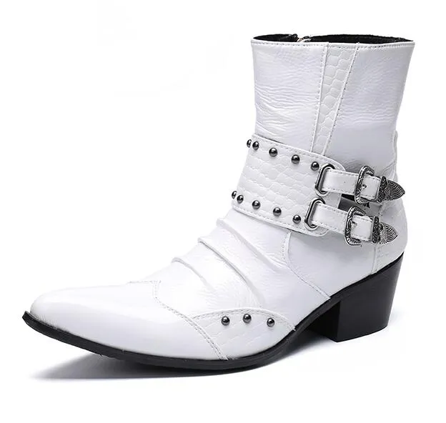 Fashion Genuine Leather Rivets Men Ankle Boots Formal Dress Shoes Pointed Toe Metal Toes Chelsea Boots Cowboy Boots