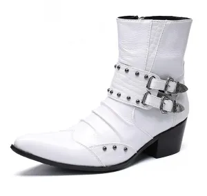 Fashion Genuine Leather Rivets Men Ankle Boots Formal Dress Shoes Pointed Toe Metal Toes Chelsea Boots Cowboy Boots