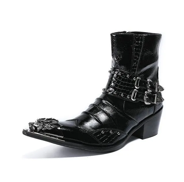 Fashion Genuine Leather Rivets Men Ankle Boots Formal Dress Shoes Pointed Toe Metal Toes Chelsea Boots Cowboy Boots