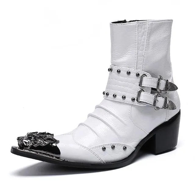 Fashion Genuine Leather Rivets Men Ankle Boots Formal Dress Shoes Pointed Toe Metal Toes Chelsea Boots Cowboy Boots