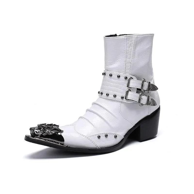 Fashion Genuine Leather Rivets Men Ankle Boots Formal Dress Shoes Pointed Toe Metal Toes Chelsea Boots Cowboy Boots
