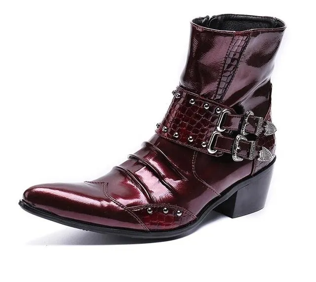 Fashion Genuine Leather Rivets Men Ankle Boots Formal Dress Shoes Pointed Toe Metal Toes Chelsea Boots Cowboy Boots