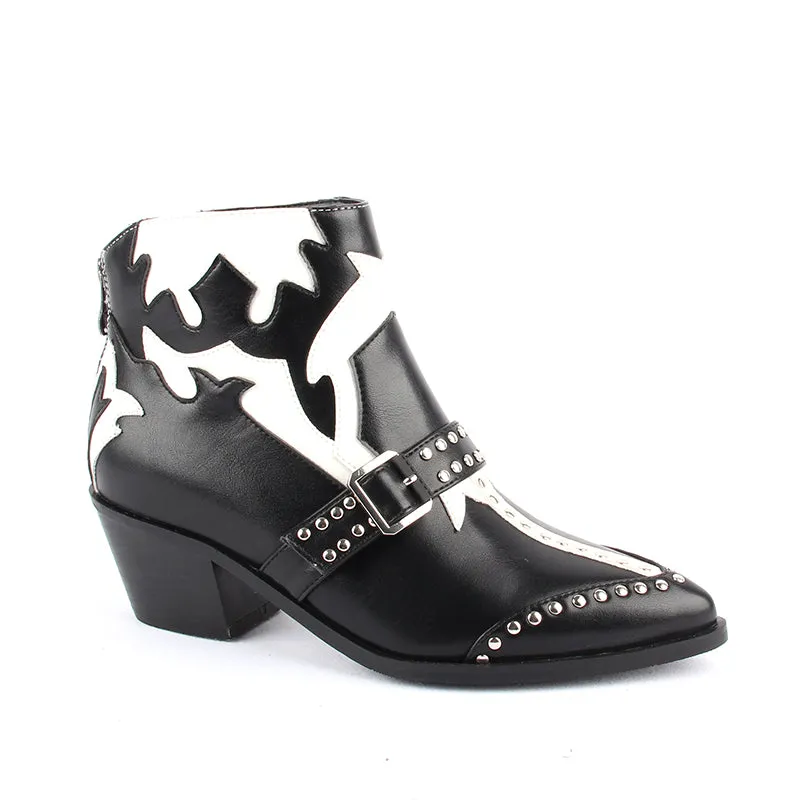 Fashion Rivets Studded Ankle Boots for Women Pointed Toe Buckle Kitten Heels Winter Shoes Ladies Black Red Leather Cowboy Boots