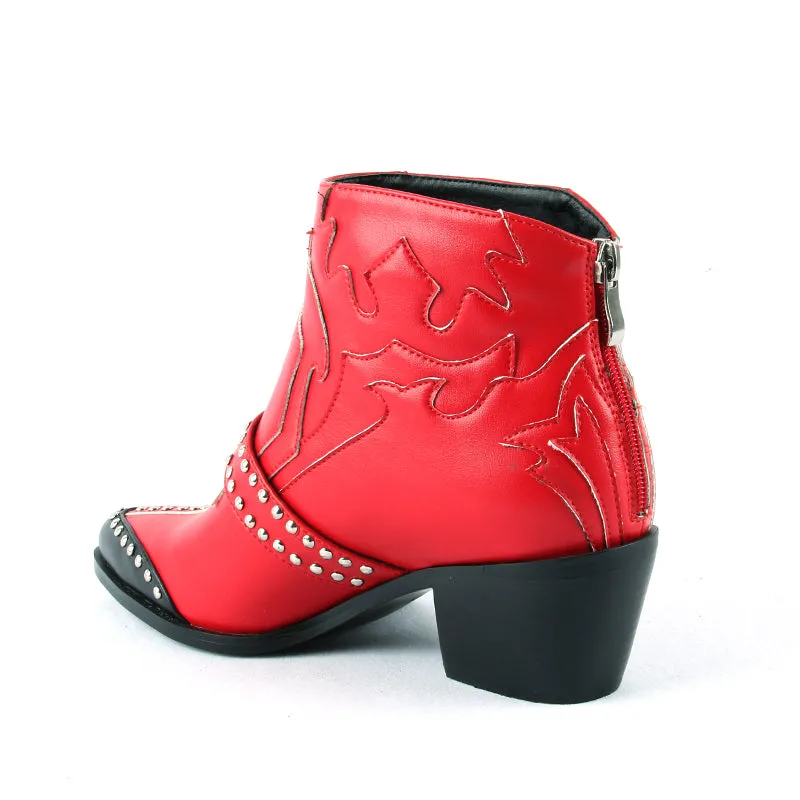 Fashion Rivets Studded Ankle Boots for Women Pointed Toe Buckle Kitten Heels Winter Shoes Ladies Black Red Leather Cowboy Boots