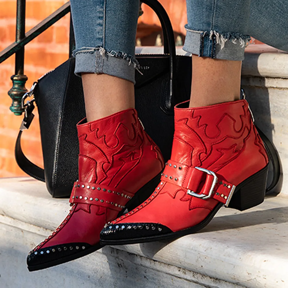 Fashion Rivets Studded Ankle Boots for Women Pointed Toe Buckle Kitten Heels Winter Shoes Ladies Black Red Leather Cowboy Boots