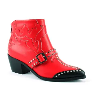 Fashion Rivets Studded Ankle Boots for Women Pointed Toe Buckle Kitten Heels Winter Shoes Ladies Black Red Leather Cowboy Boots