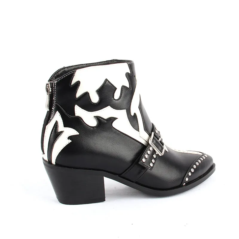 Fashion Rivets Studded Ankle Boots for Women Pointed Toe Buckle Kitten Heels Winter Shoes Ladies Black Red Leather Cowboy Boots