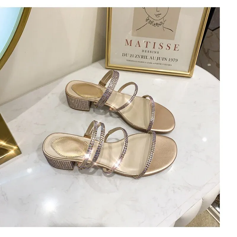 Fashion Rome Slip-On Women Sandals Flip Flops Solid Round Toe Pearl Buckle Causal Sandals Shoes