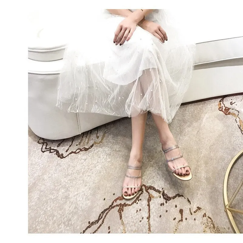 Fashion Rome Slip-On Women Sandals Flip Flops Solid Round Toe Pearl Buckle Causal Sandals Shoes