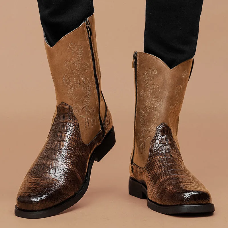 Faux Crocodile Skin Vintage Western Cowboy Boots for Men