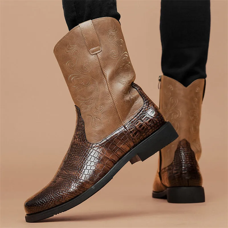 Faux Crocodile Skin Vintage Western Cowboy Boots for Men