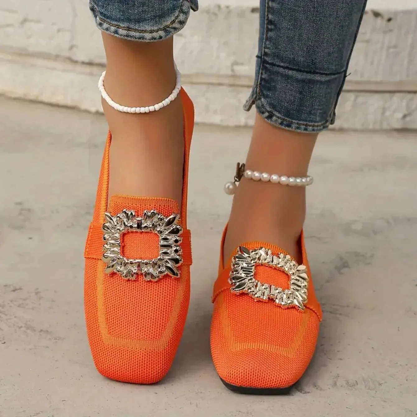 Flat Loafers - Knitting Slip-On Shoes for Women, Square Head, Breathable Fashion Flats, New Spring Collection, Large Size
