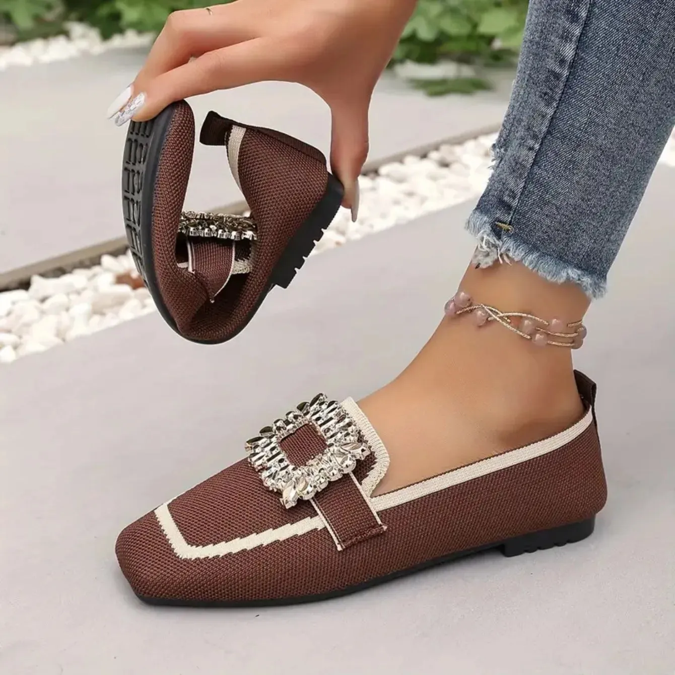 Flat Loafers - Knitting Slip-On Shoes for Women, Square Head, Breathable Fashion Flats, New Spring Collection, Large Size