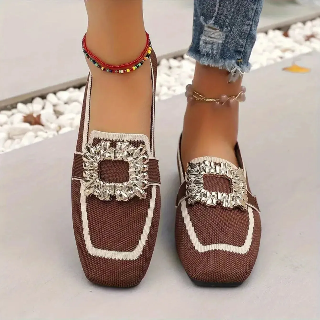 Flat Loafers - Knitting Slip-On Shoes for Women, Square Head, Breathable Fashion Flats, New Spring Collection, Large Size