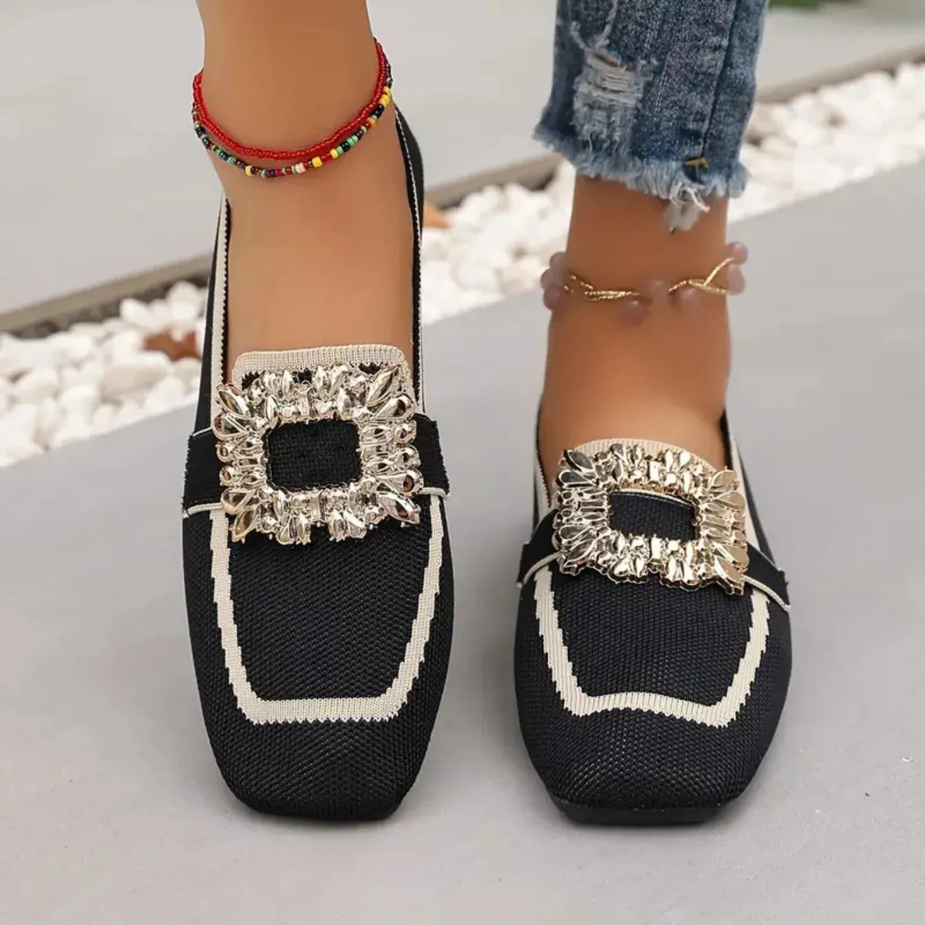Flat Loafers - Knitting Slip-On Shoes for Women, Square Head, Breathable Fashion Flats, New Spring Collection, Large Size