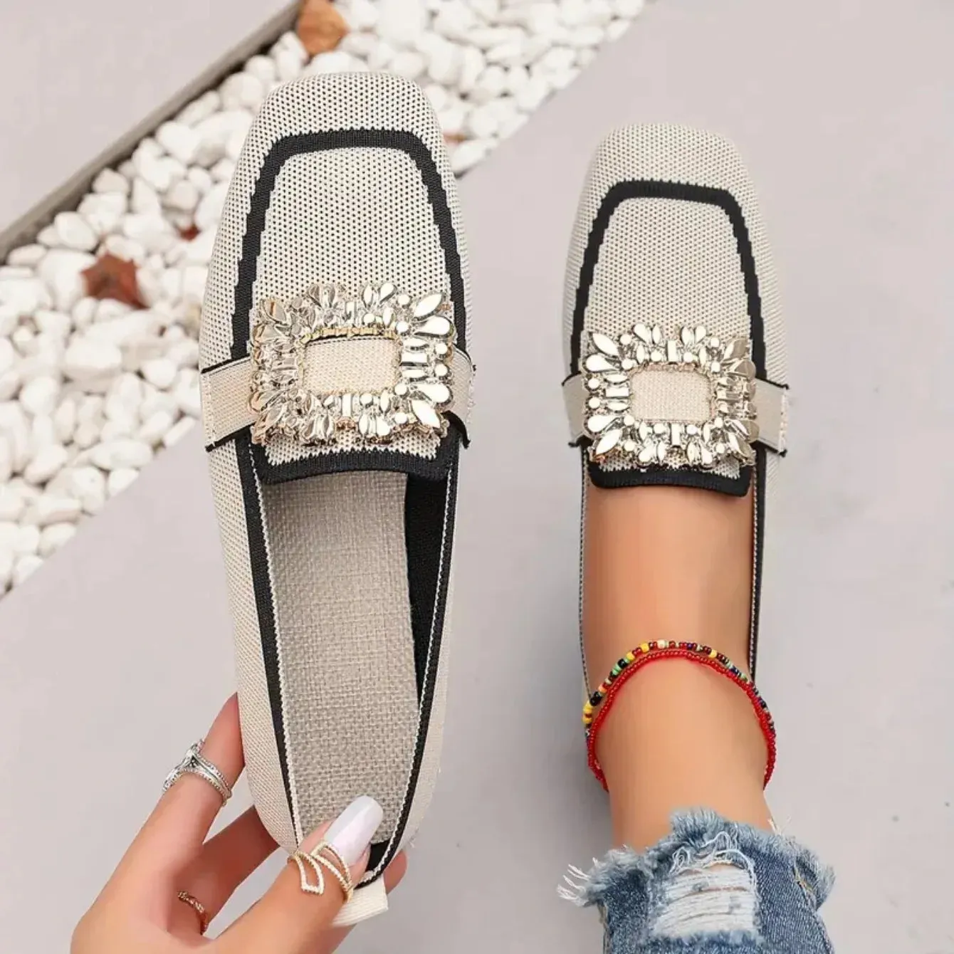 Flat Loafers - Knitting Slip-On Shoes for Women, Square Head, Breathable Fashion Flats, New Spring Collection, Large Size