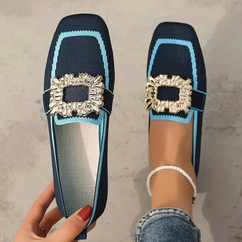 Flat Loafers - Knitting Slip-On Shoes for Women, Square Head, Breathable Fashion Flats, New Spring Collection, Large Size