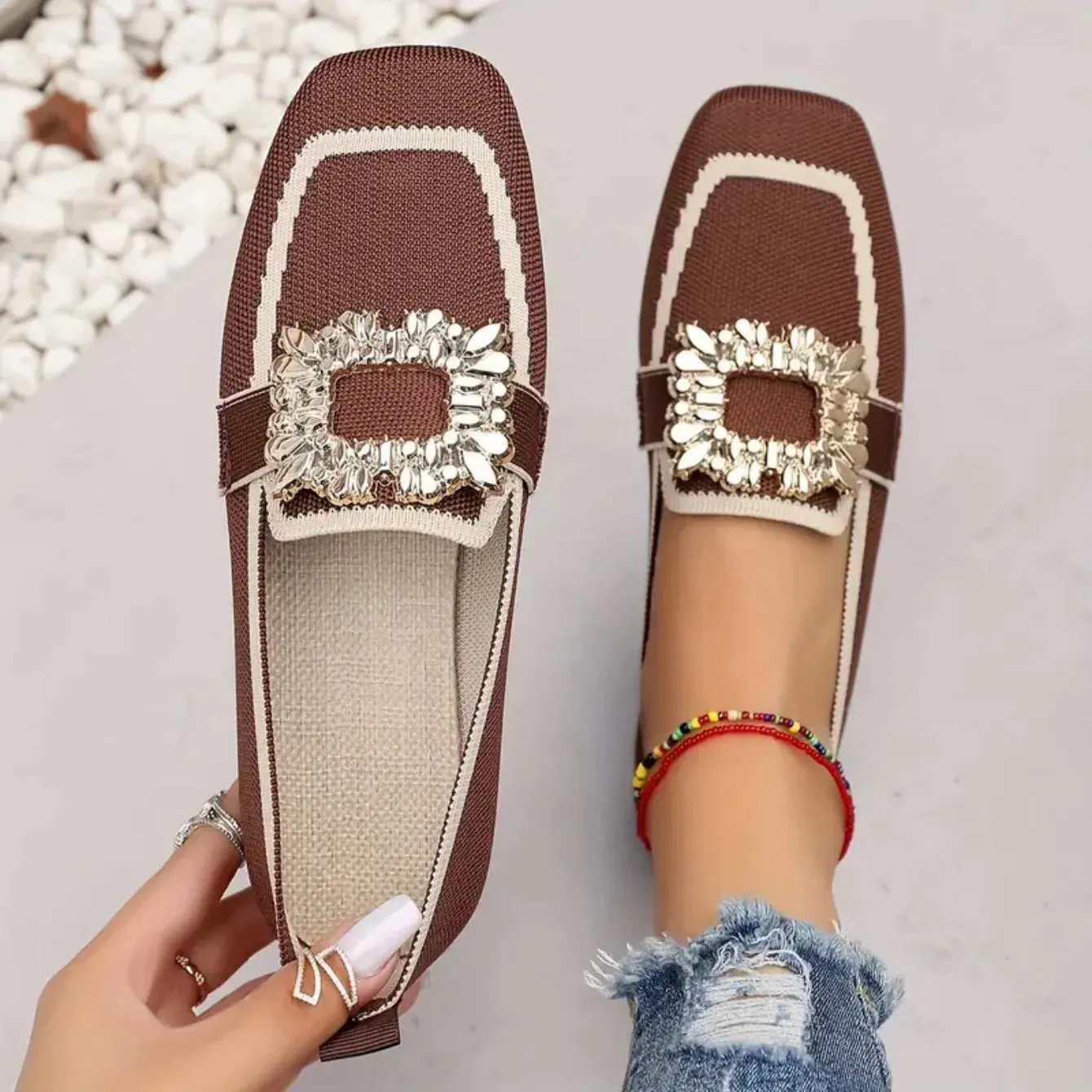 Flat Loafers - Knitting Slip-On Shoes for Women, Square Head, Breathable Fashion Flats, New Spring Collection, Large Size