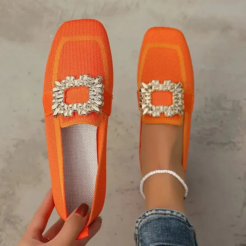 Flat Loafers - Knitting Slip-On Shoes for Women, Square Head, Breathable Fashion Flats, New Spring Collection, Large Size