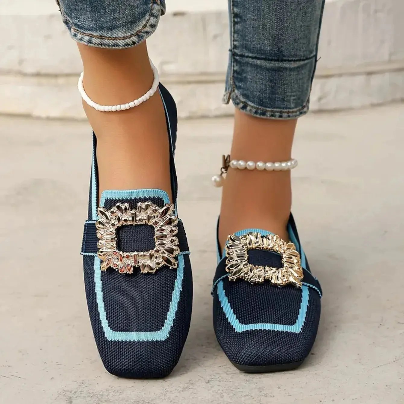 Flat Loafers - Knitting Slip-On Shoes for Women, Square Head, Breathable Fashion Flats, New Spring Collection, Large Size