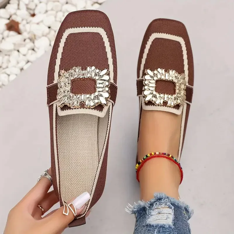 Flat Loafers - Knitting Slip-On Shoes for Women, Square Head, Breathable Fashion Flats, New Spring Collection, Large Size