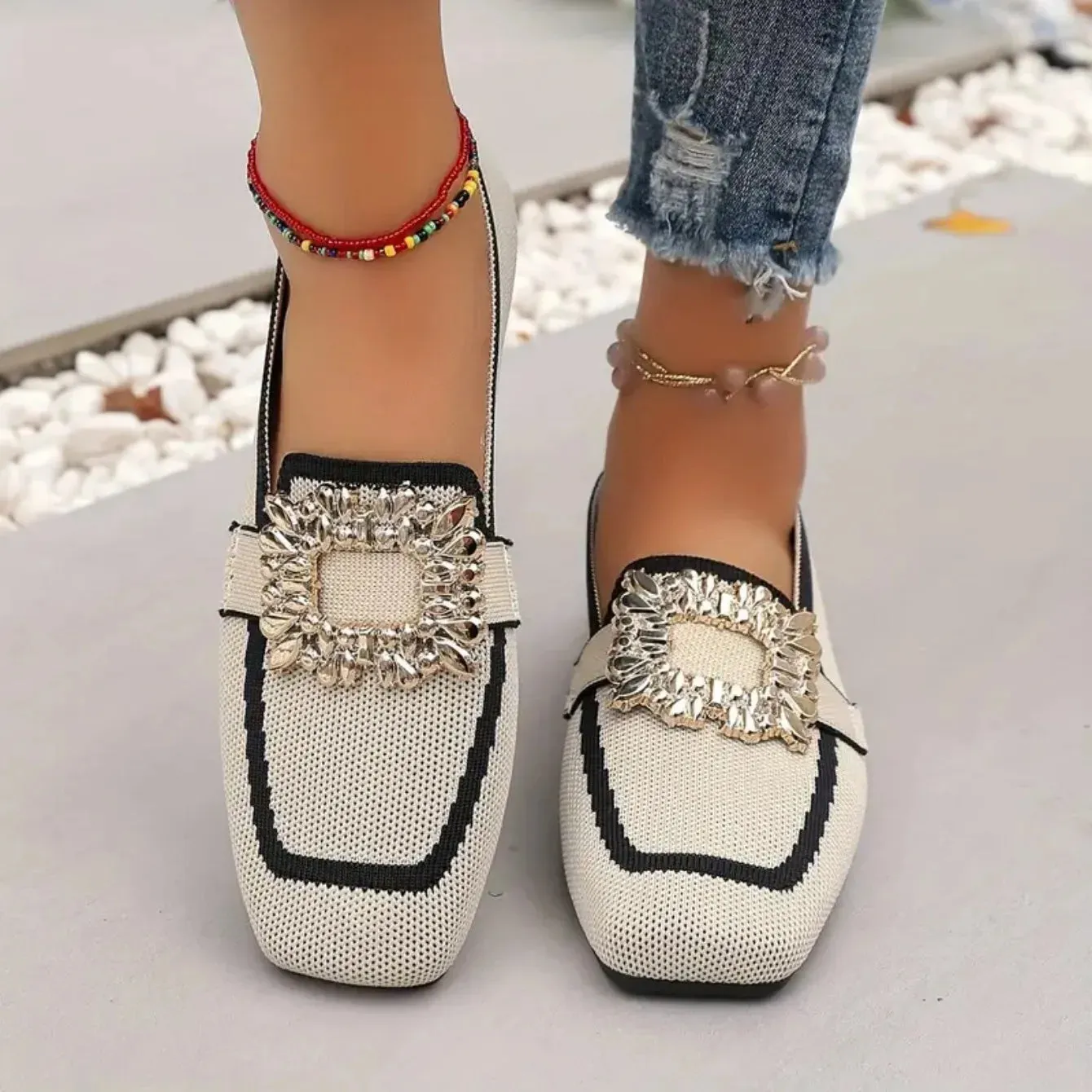 Flat Loafers - Knitting Slip-On Shoes for Women, Square Head, Breathable Fashion Flats, New Spring Collection, Large Size