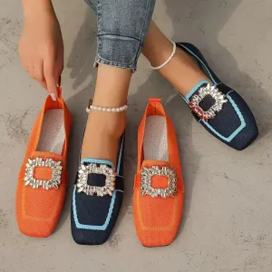 Flat Loafers - Knitting Slip-On Shoes for Women, Square Head, Breathable Fashion Flats, New Spring Collection, Large Size