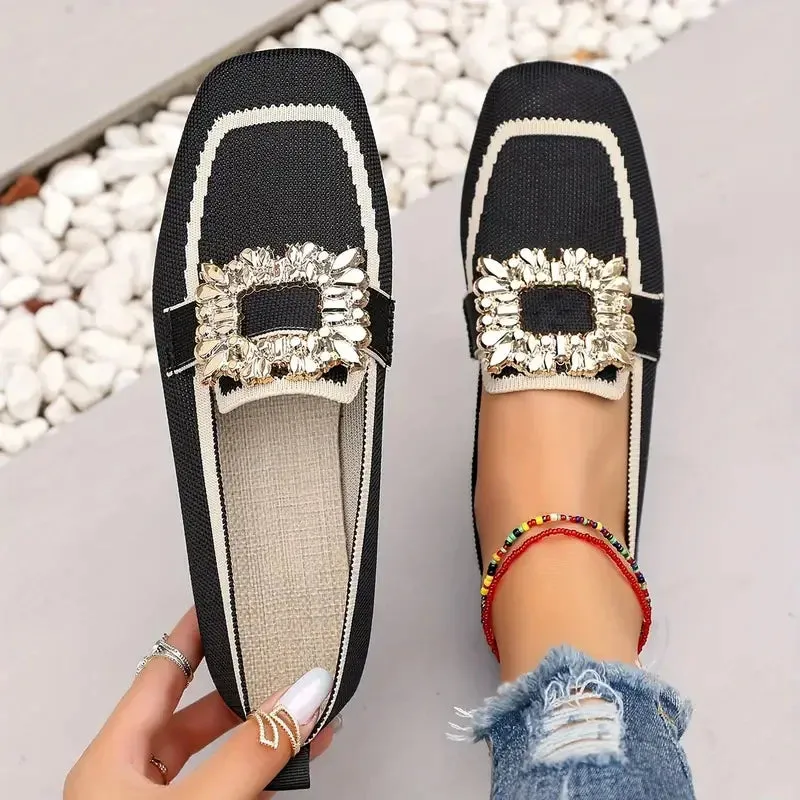 Flat Loafers - Knitting Slip-On Shoes for Women, Square Head, Breathable Fashion Flats, New Spring Collection, Large Size