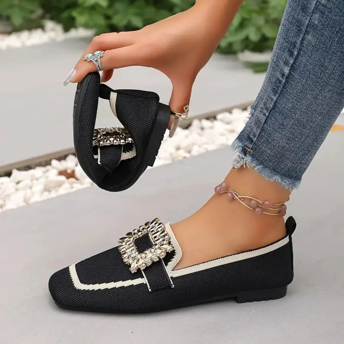 Flat Loafers - Knitting Slip-On Shoes for Women, Square Head, Breathable Fashion Flats, New Spring Collection, Large Size