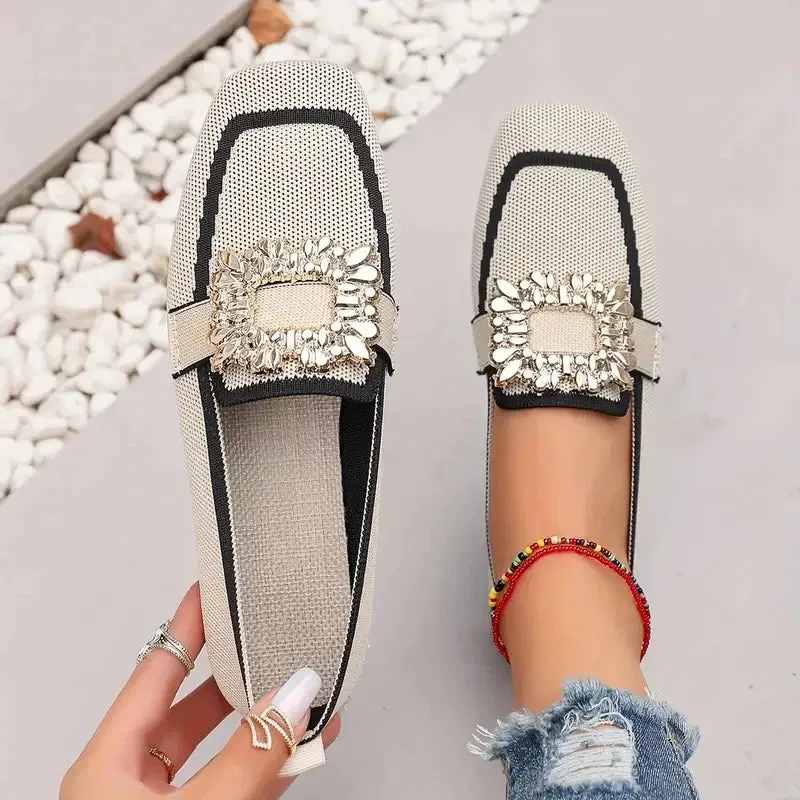 Flat Loafers - Knitting Slip-On Shoes for Women, Square Head, Breathable Fashion Flats, New Spring Collection, Large Size