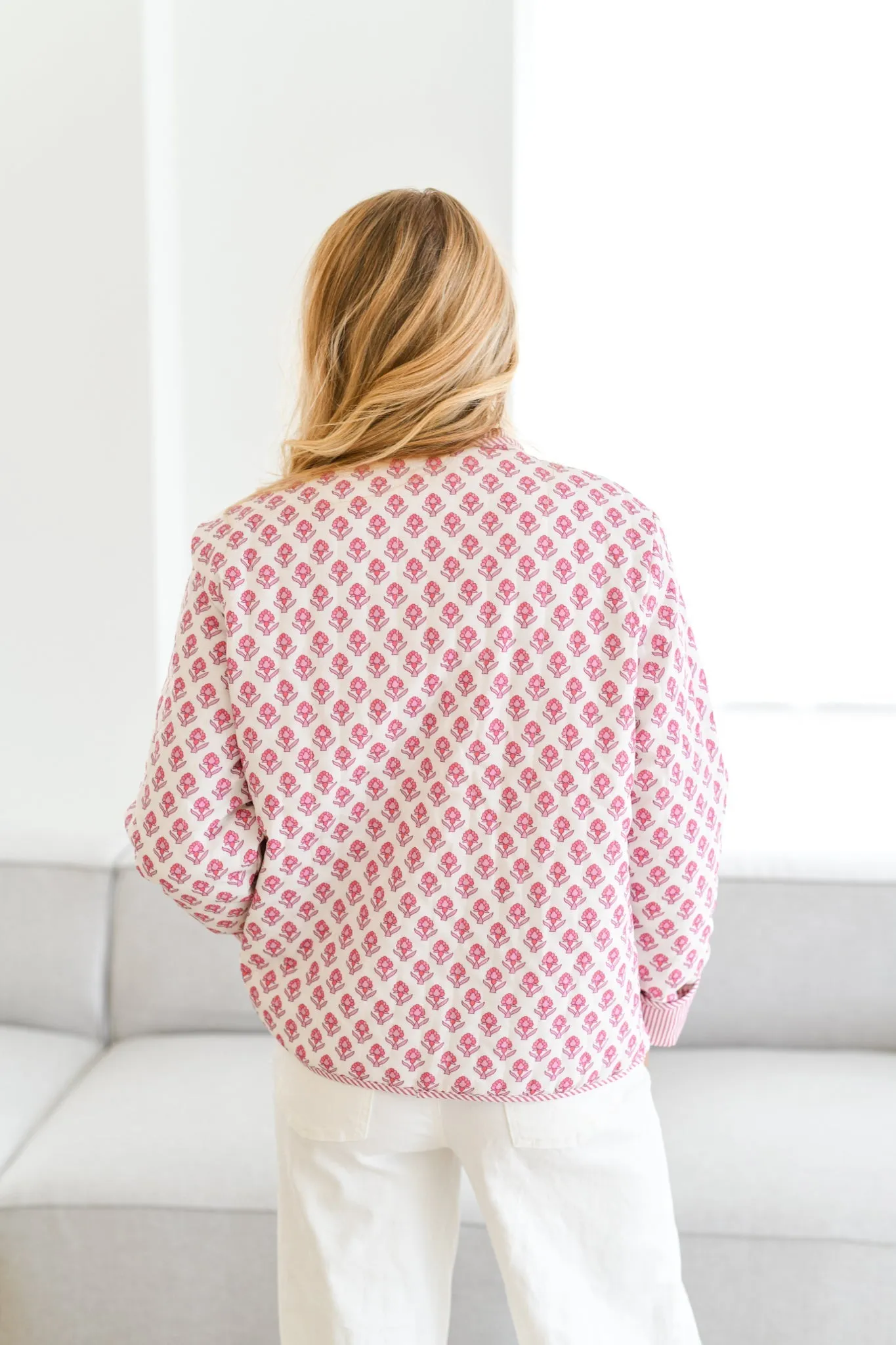 Floral Button-Down Top with Striped Trim