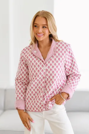 Floral Button-Down Top with Striped Trim