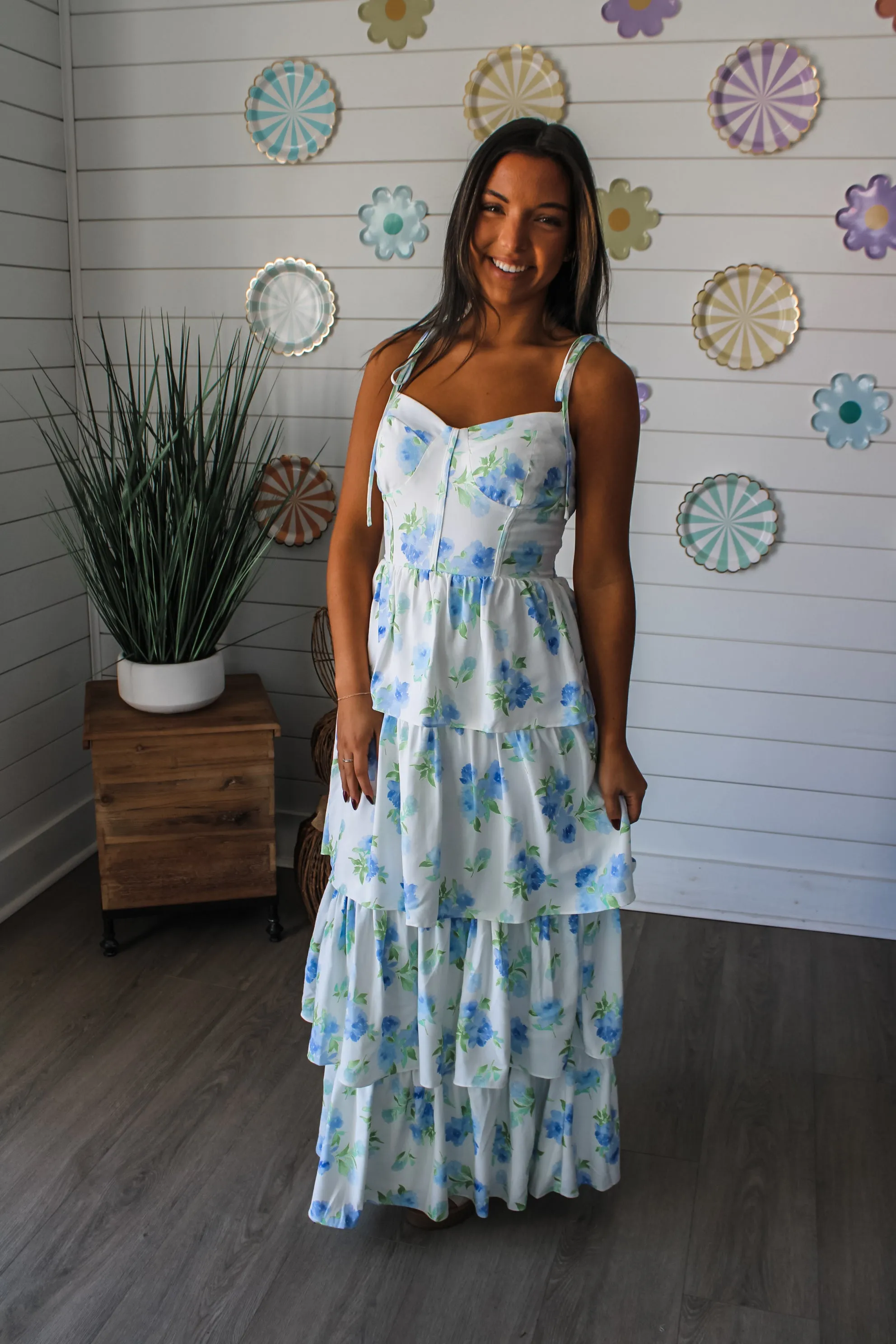 Floral Fate Tiered Ruffle Maxi • White/Blue
