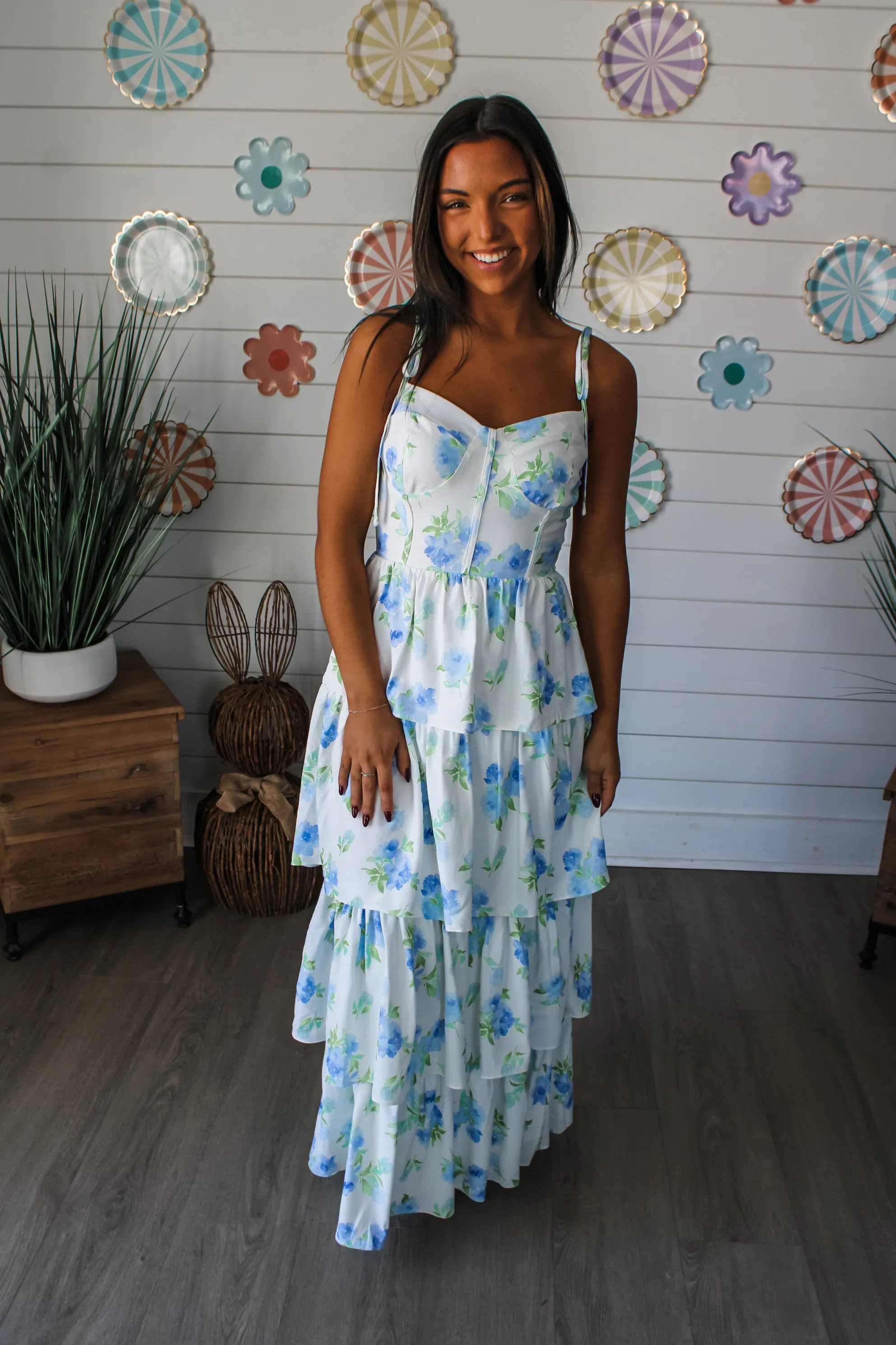 Floral Fate Tiered Ruffle Maxi • White/Blue
