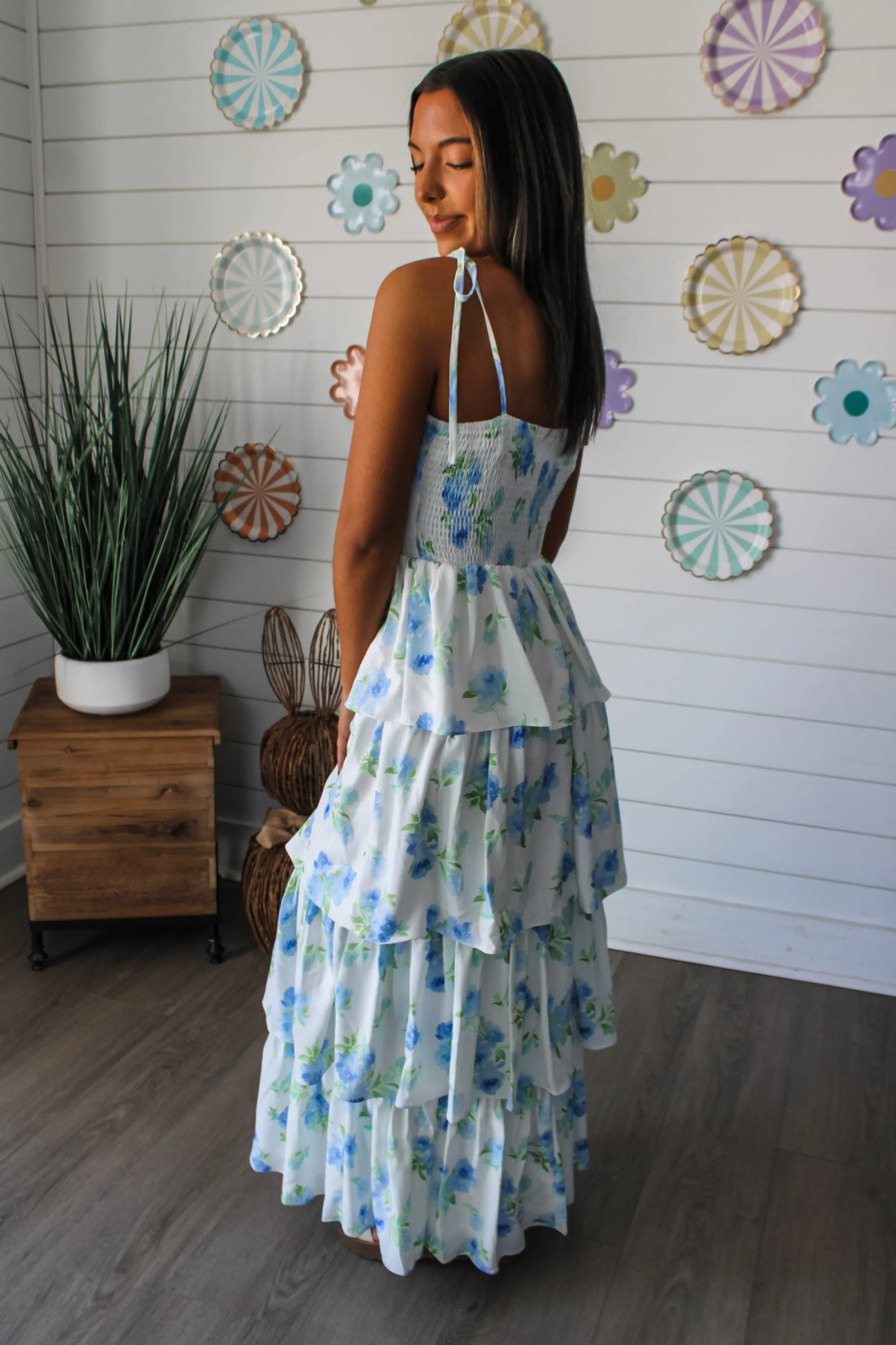Floral Fate Tiered Ruffle Maxi • White/Blue