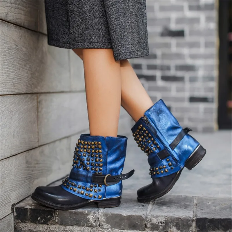 Full Rivets Women Ankle Boots Vintage Autumn Winter Belt Buckle Shoes Woman Side Zipper Genuine Leather Riding Boots